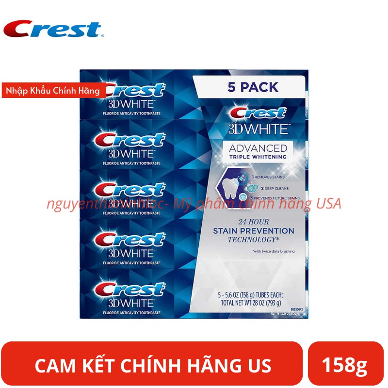 1 tuýp kem đánh răng Crest 3d white advanced triple whitening 158g Mỹ, trắng răng, tẩy ố hiệu quả