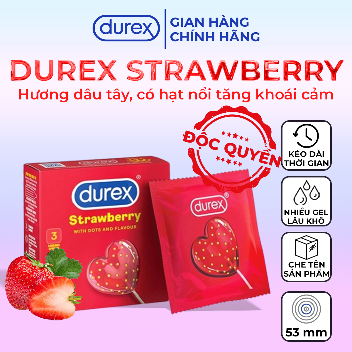Bao cao su durex hương dâu có hạt nổi hộp 3 cái size 53mm durex sensual strawberry - ba con sói for man