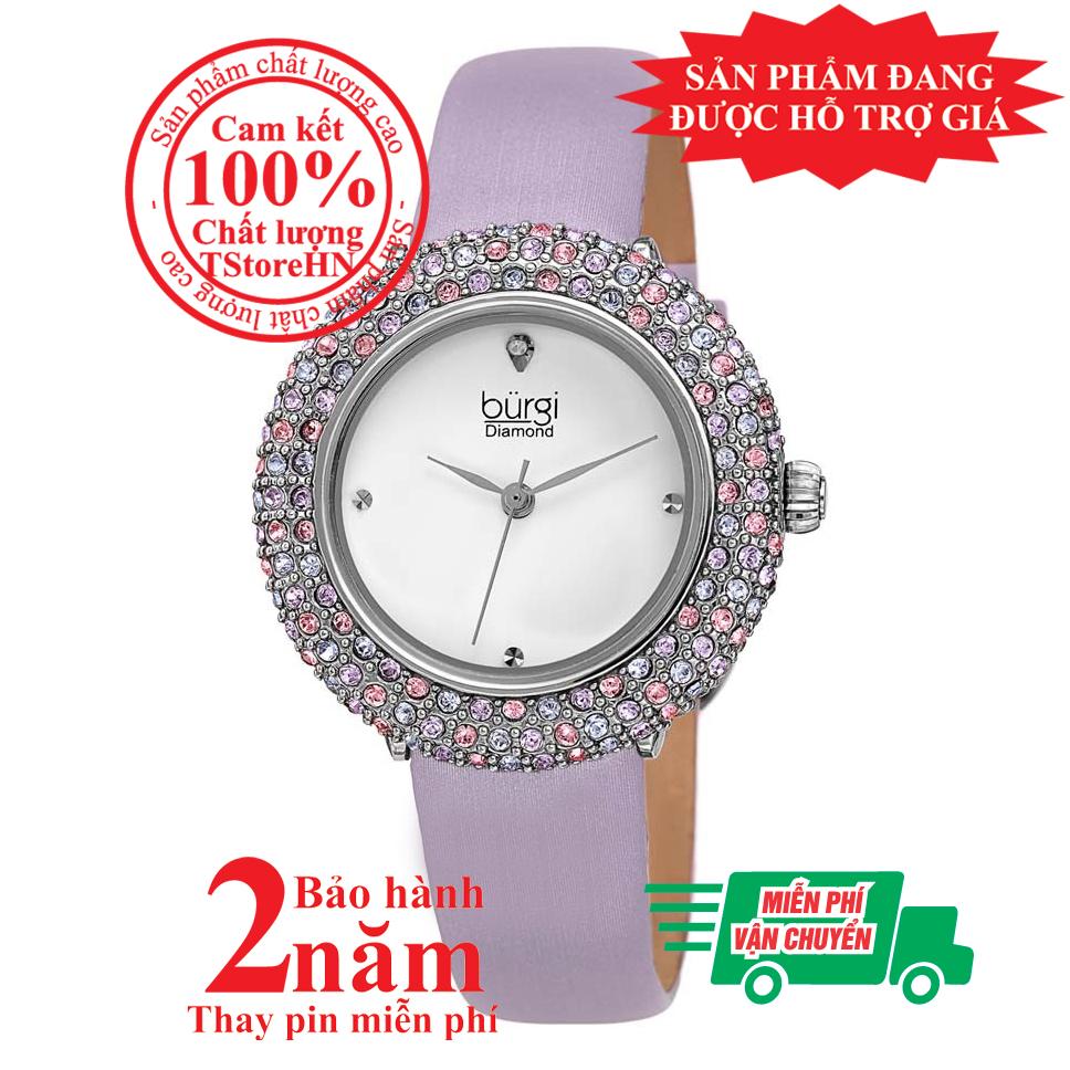 Đồng hồ nữ BURGI BUR227LB, Vỏ bạc (Silver), mặt Trắng (White), nạm pha lê Swarovski cao cấp, dây tím nhạt , size 33mm- BUR227LB