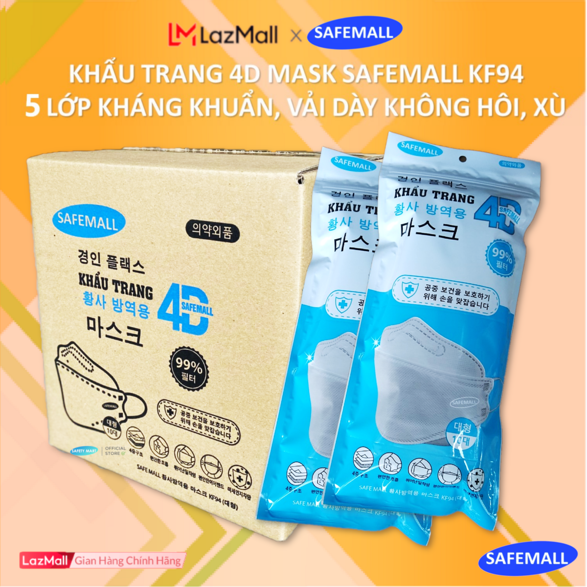 Thùng 300 Khẩu trang y tế KF94 SafeMall 5 lớp lọc Premium N99 Korea Technology Thùng 300 chiếc khẩu trang KF94 loại 5 lớp Kháng Khuẩn Kháng Bụi Mịn lên đến 99 Safety Mart Official