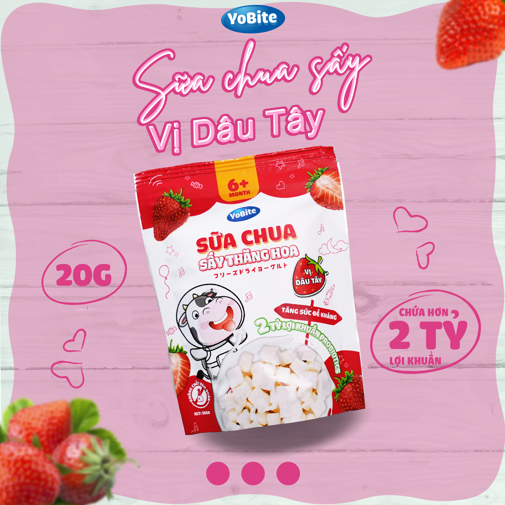 Sữa Chua Sấy Khô Cho Bé - YoBite Kids - Vị Dâu Tây - 20gr - Ăn dặm - Hỗ trợ tiêu hoá - Tăng sức đề kháng