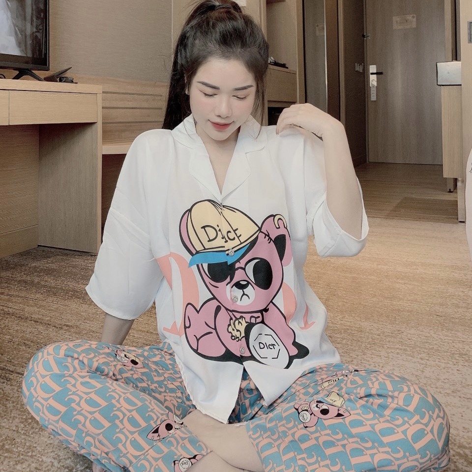 Bộ Pijama Thiết kế Họa Tiết Kute Áo Cộc Quần Dài Chất Lụa Mango