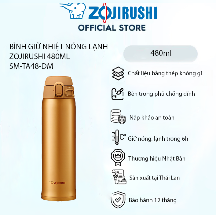 Bình giữ nhiệt Zojirushi SM-TA48-DM 0,48L, bình giữ nhiệt nóng lạnh, bảo hành giữ nhiệt 1 năm