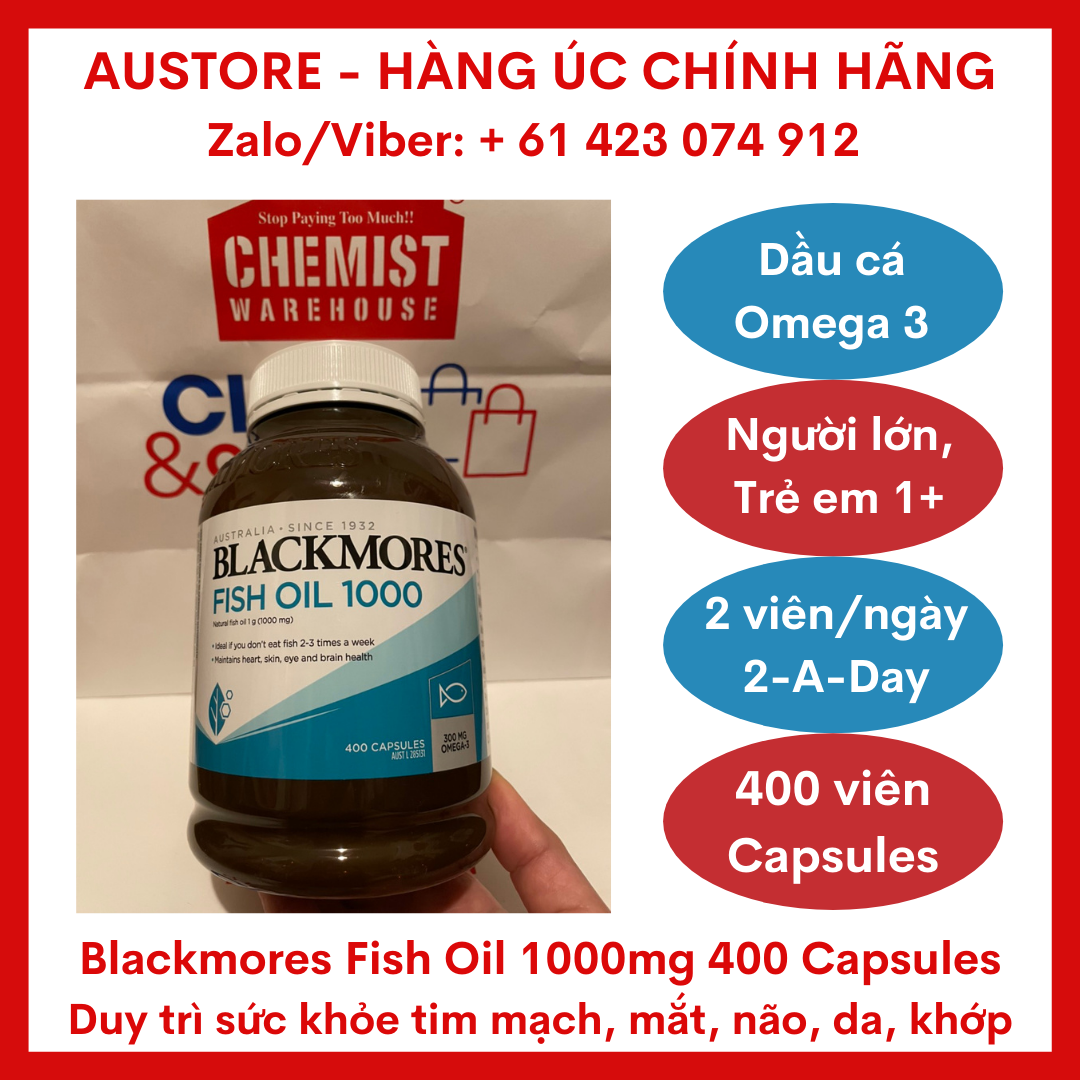 [Bill Úc, Date mới] Blackmores Fish Oil 1000mg 400 Capsules - Dầu cá Omega 3 Blackmore giúp duy trì sức khỏe tim mạch, não, mắt, da & khớp