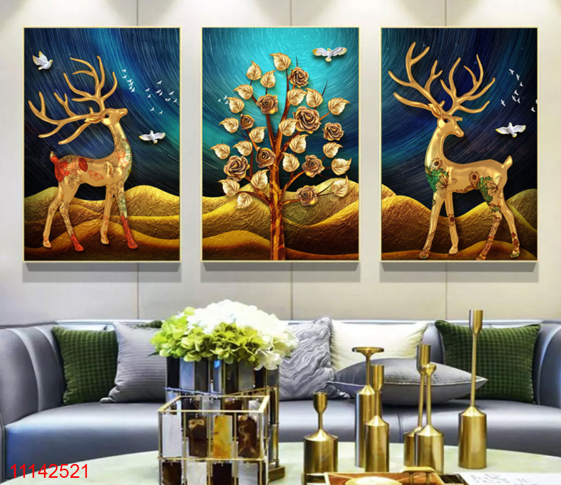 Tranh dán tường phòng khách hươu vàng 3D -Tranh décor phong cách hiện đại