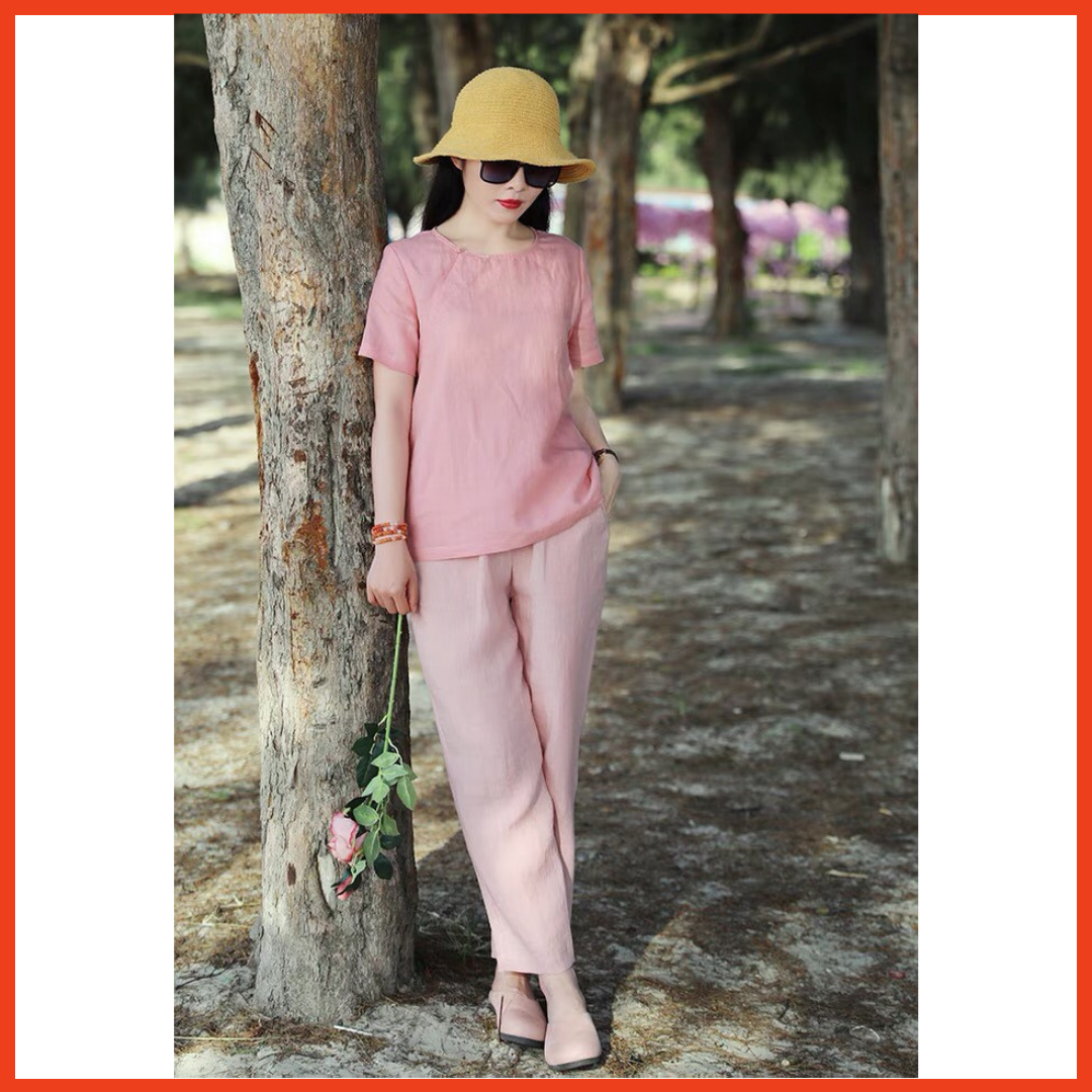 Bộ Đồ Nữ Trung Niên Linen Form rộng Quần dáng suông Thoáng mát Thấm hút mồ hôi