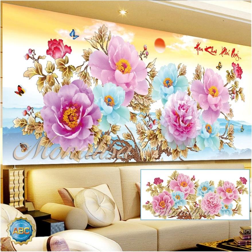 Tranh đính đá hoa mẫu đơn tuyệt đẹp 150x70cm