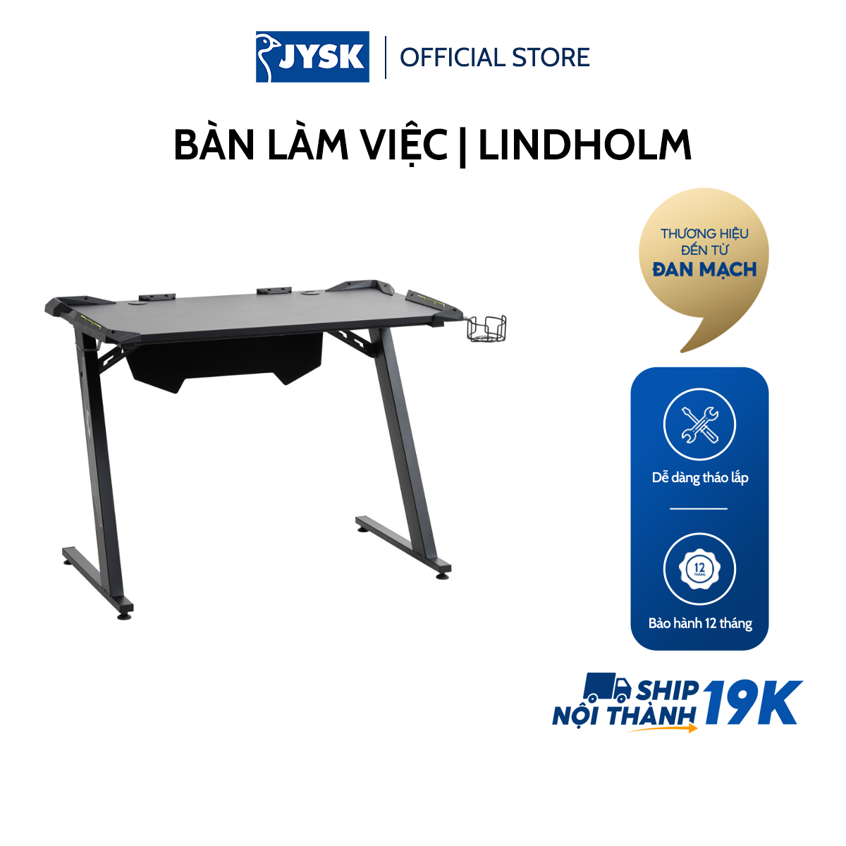Sale: 13% – Bàn làm việc  JYSK Lindholm  khung thép/gỗ công nghiệp  đen  R65xD114xC78cm