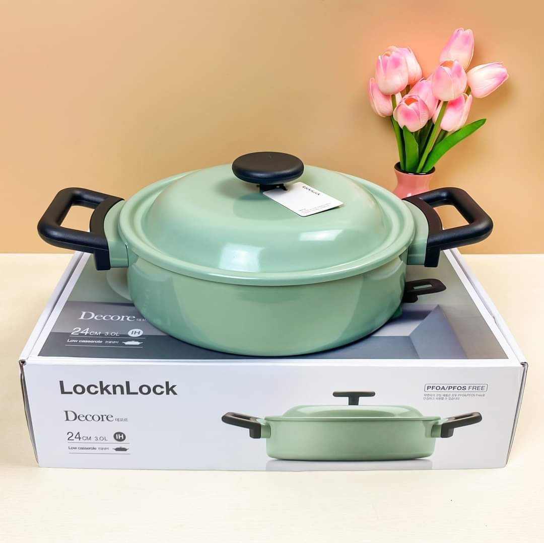 Nồi decor chống dính lock&lock 24cm 2 tay cầm thành thấp lde1244ih màu xanh