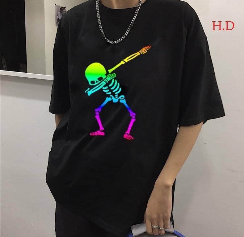 Văn đức Fashon - Áo Thun Tay Ngắn In Hình Bộ Xương , Chữ NY Phát Quang Cá Tính.