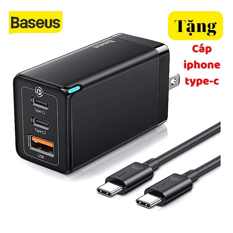 Bộ Sạc Nhanh Iphone Baseus 65w GaN3 Pro YASUI 2 Cổng Sạc Type C 65w,1 Cổng Usb 15w kèm Dây Sạc Type C To Type c Tặng Cáp Sạc Iphone lightning