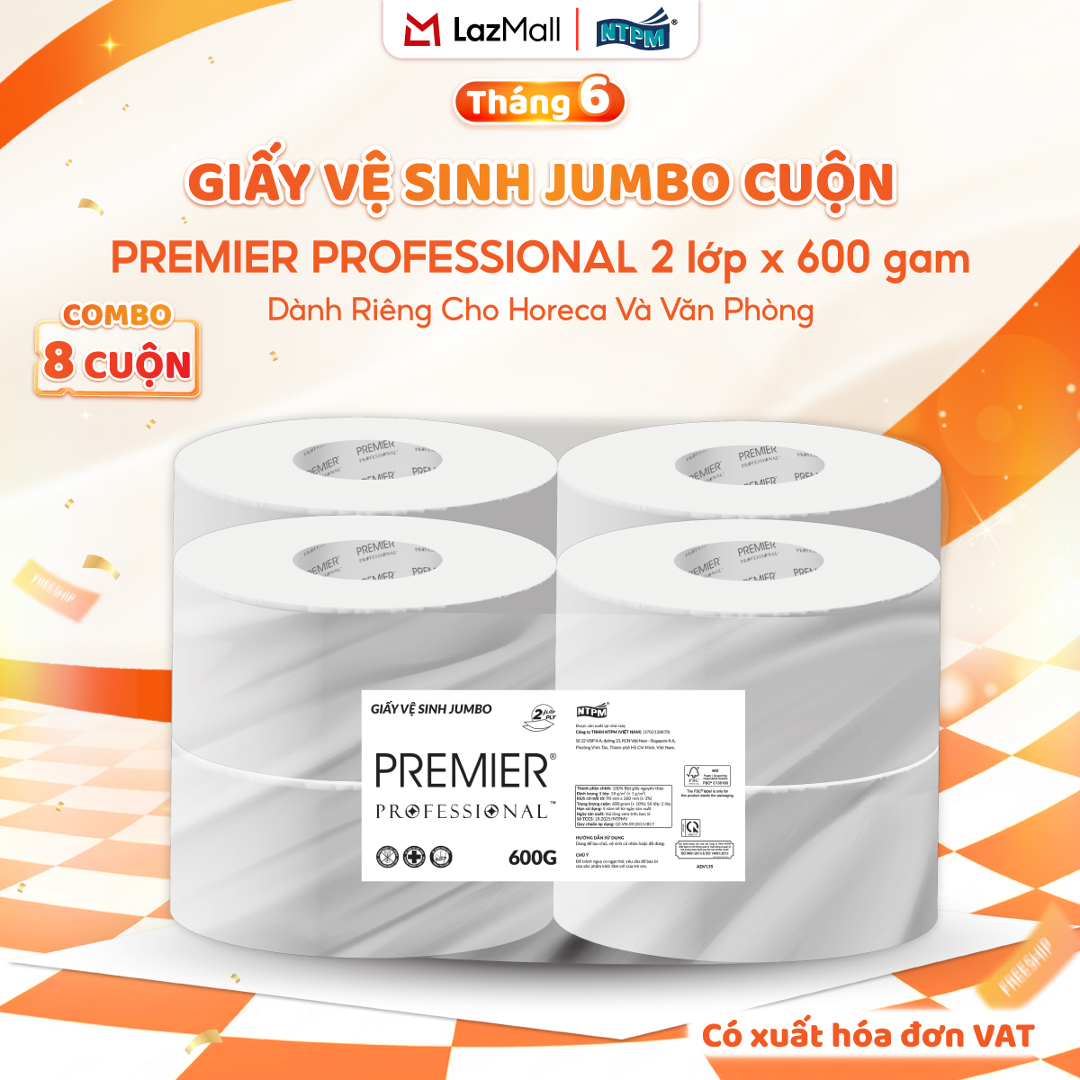 [COMBO 8 CUỘN] Giấy vệ sinh Premier Professional cuộn JUMBO dành riêng cho HORECA và Văn Phòng, 2 lớp -  100% bột giấy nguyên sinh, không chất tẩy, 600gr/cuộn - Chính hãng
