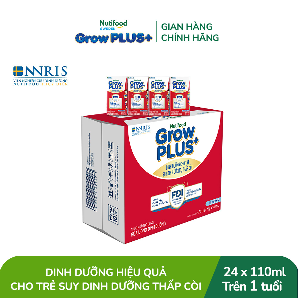 Thùng 24 hộp Sữa Nước Pha Sẵn Nutifood GrowPLUS+ Suy Dinh Dưỡng (Đỏ) - Hỗ Trợ Tăng Cân, Tăng Chiều Cao Ít đường 110ml - Trên 1 tuổi (Bao bì tùy đợt nhập hàng)
