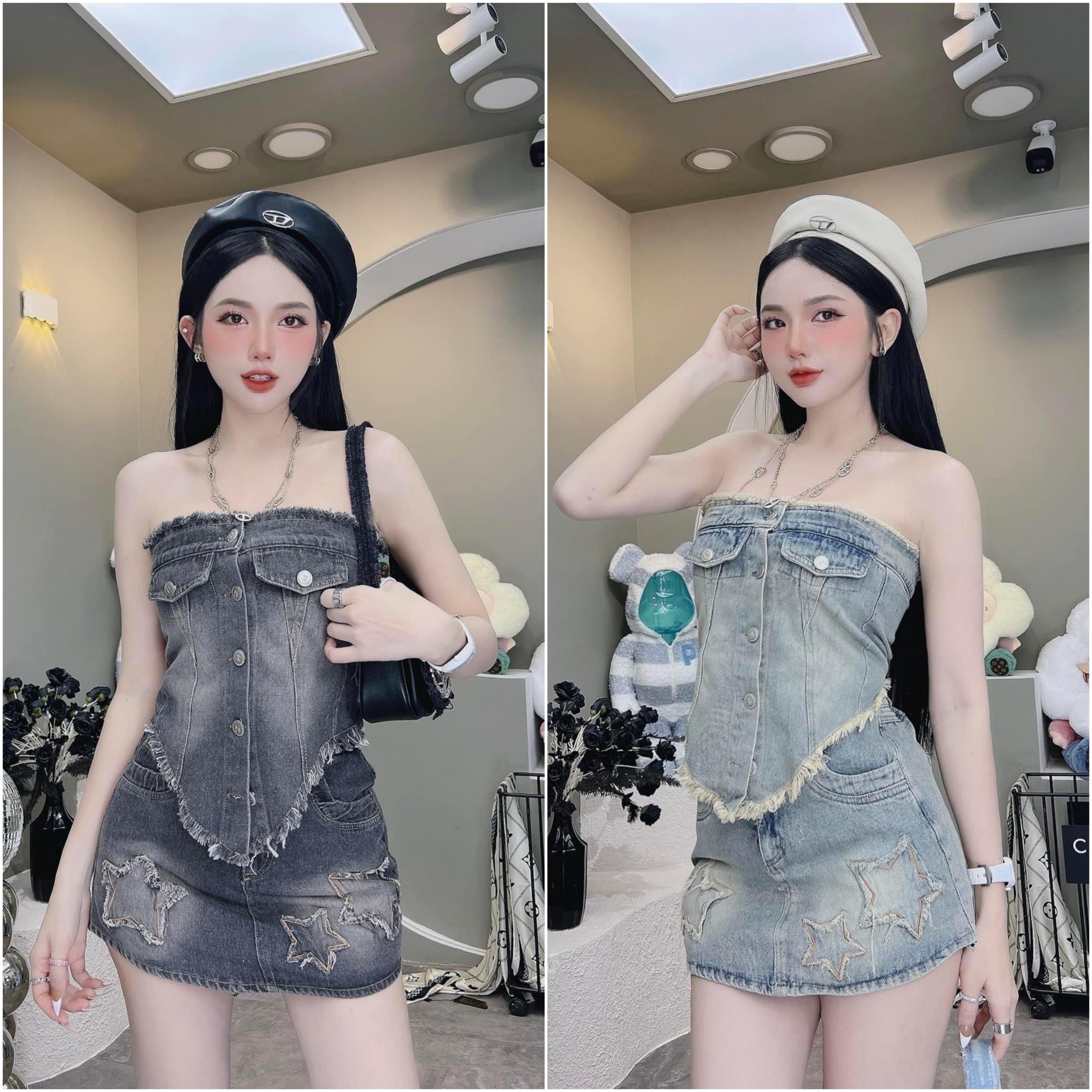 Set Áo Quây Tôn Dáng Quyến Rũ Mix Chân Váy Sao Chất Denim Phong Cách Hiện Đại Cá Tính