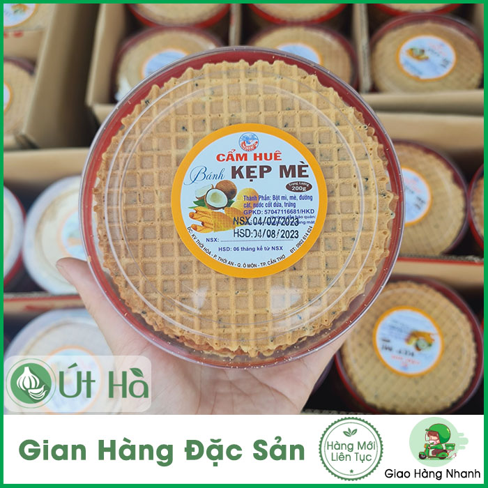 Bánh kẹp mè cẩm huê hộp 200gr bánh thơm ngon giòn rụm - út hà đặc sản