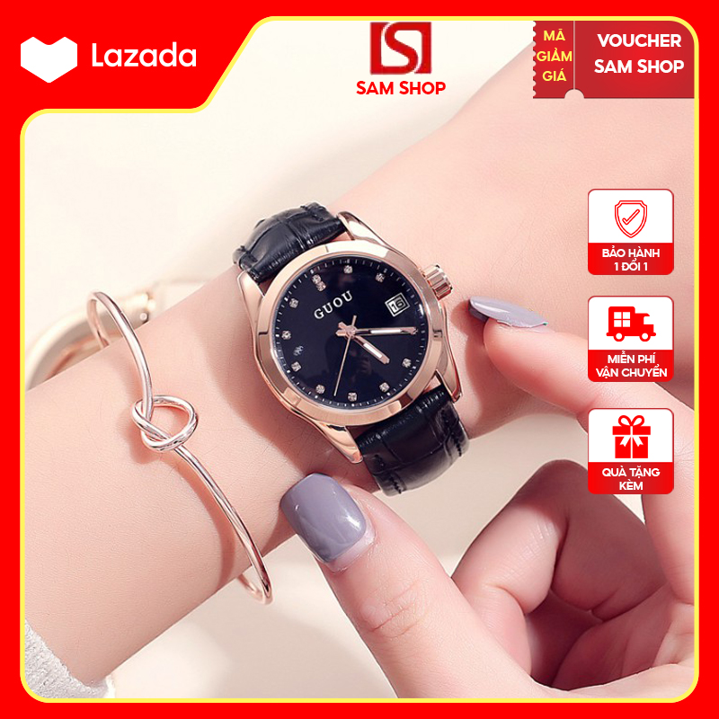 [MIỄN PHÍ GIAO HÀNG] Đồng hồ nữ thời trang GUOU mặt số đính đá, dây da mềm mại cực đẹp -  Tặng hộp và pin dự phòng - Sam Shop