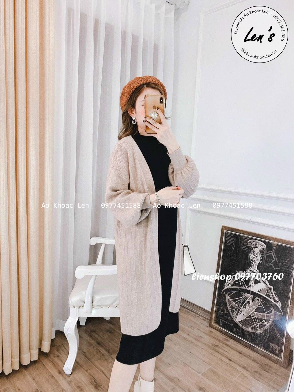 Áo khoác len cardigan dáng dài tay phồng cao cấp