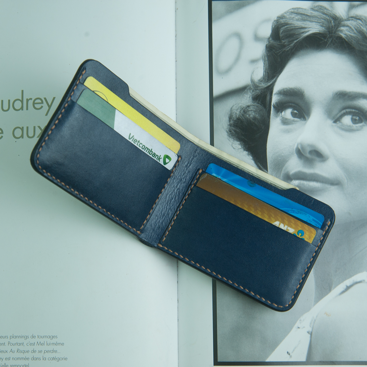 Ví mini handmade da thật - Màu xanh navy - Handmade thủ công miễn phí khắc tên và sđt