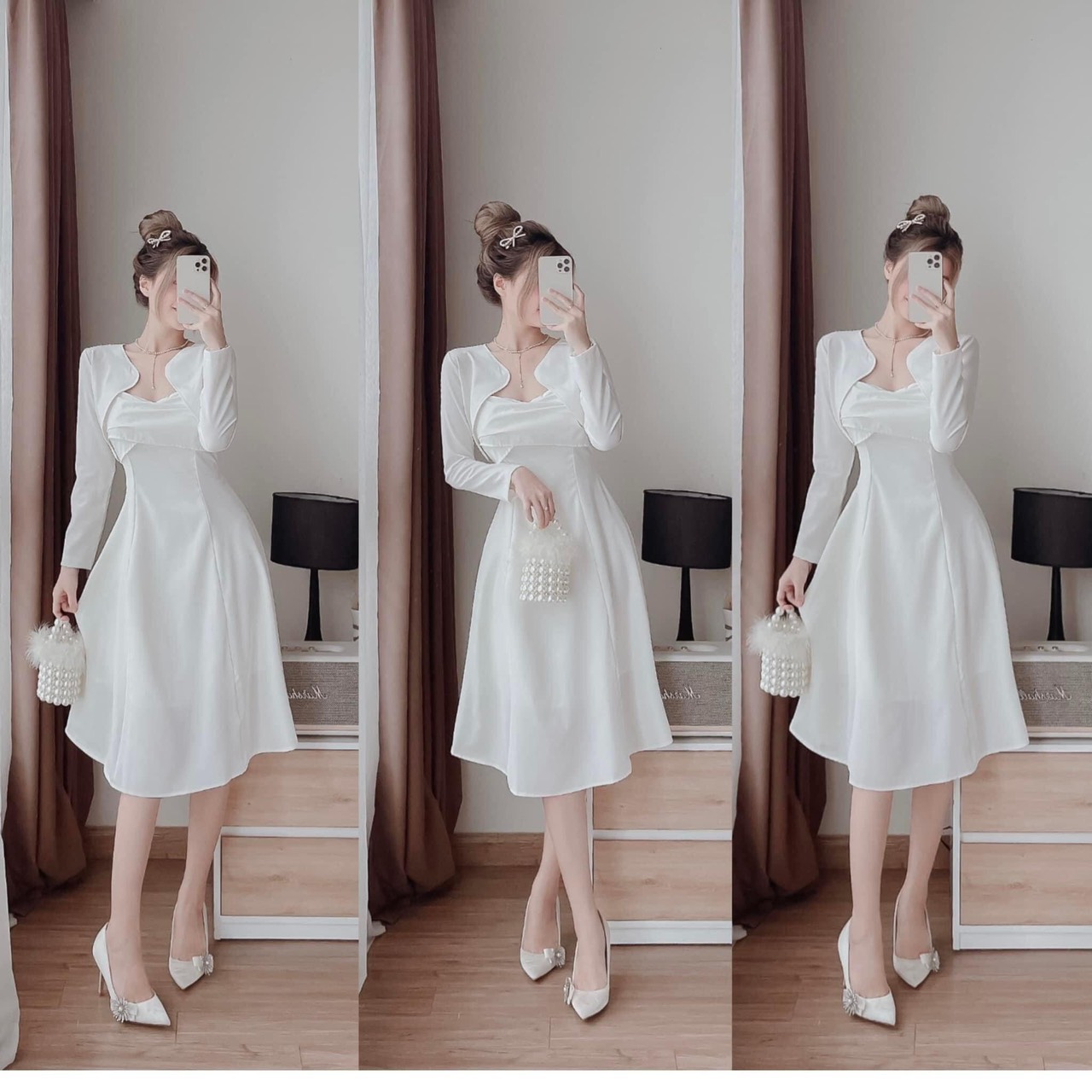 Đầm dự tiệc màu trắng 2 dây đắt chéo ngực , đầm 2 dây kèm áo khoác màu trắng tinh khôi dáng midi
