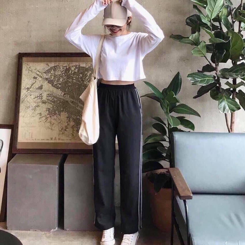 [freeship]set bộ nữ mặc đi chơi TB001 gồm áo thun croptop dài tay màu trắng và quần ống rống chất liệu cotton co giãn 4 chiều cực dể thương dành cho bạn nữ form từ 55kg trở xuống mặc đi chơi đi ăn xem phim du lịch - GIRLY STORE