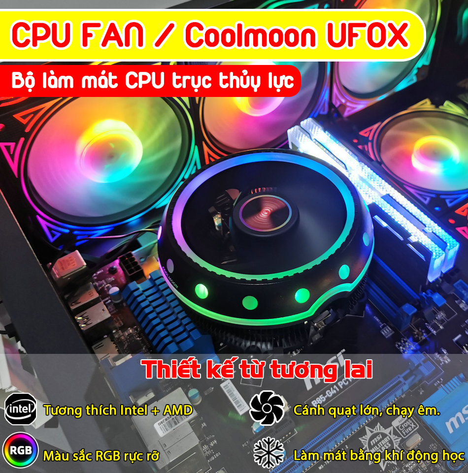 [Vouchers tích lũy] Quạt cpu fan Coolmoon UFOX phiên bản RGB, bộ làm mát CPU máy tính nhiều màu cánh quạt lớn, trục thủy lực tản nhiệt tốt, hoạt động yên tĩnh tương thích với Soket LGA 115X/ CGA775, AMD Socket FM2. FM1/ AM3+/ AM4/ AM2/ 940/ 939/ 754