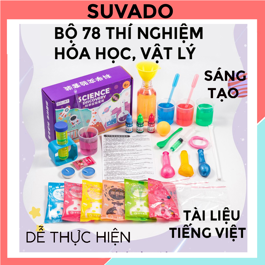 Bộ 78 thí nghiệm khoa học vật lý, hóa học cho bé khám phá khoa học có hướng dẫn tiếng việt CH350 SUVADO