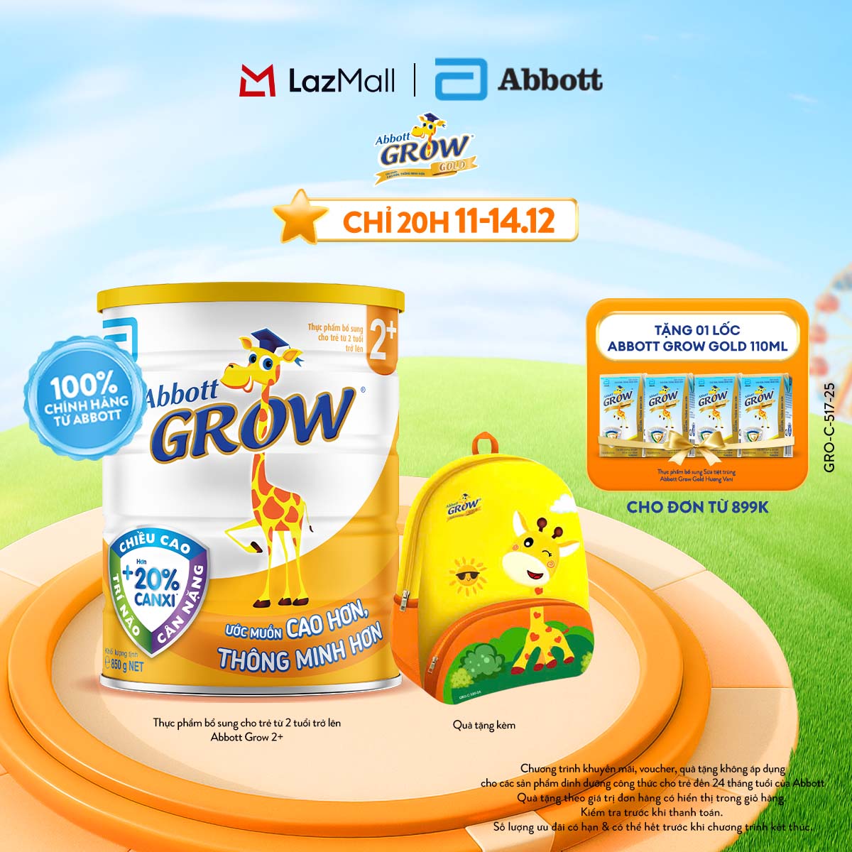 [CHỈ 20H 11-14.12  QUÀ TẶNG CHO ĐH 899K-SLCH] Lon Sữa Bột Grow 2+ 850g tặng Balo Hươu