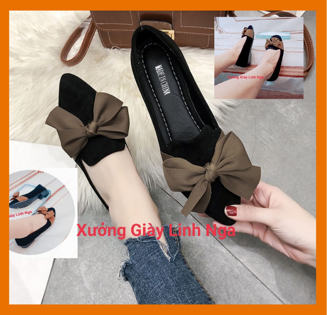 Giày búp bê nữ giày bệt nhung phối nơ cách điệu mềm siêu êm