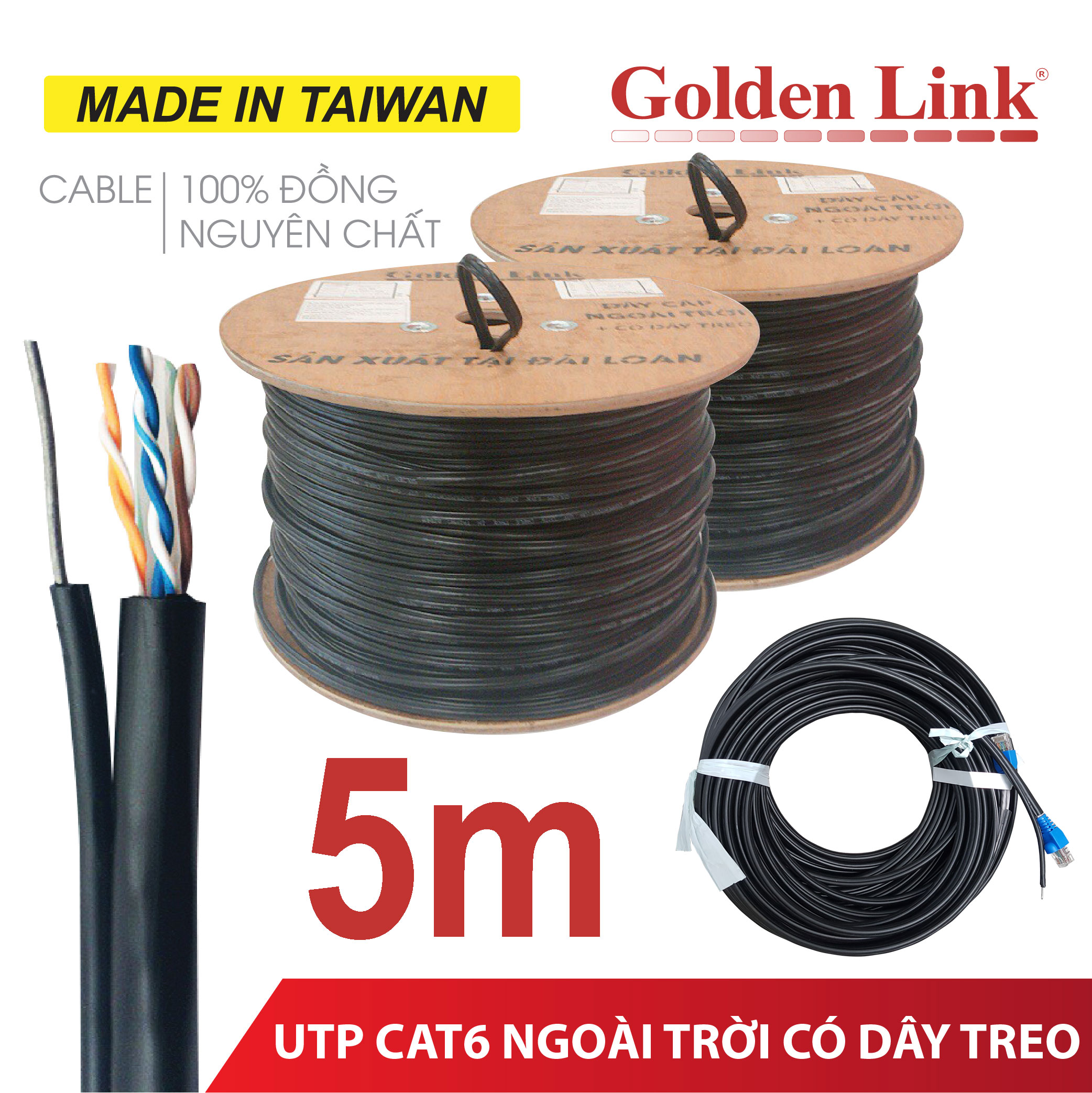 5m Cáp mạng ngoài trời Golden Link chuẩn CAT6 UTP đồng nguyên chất có dây treo – dây mạng, cáp lan, cáp internet