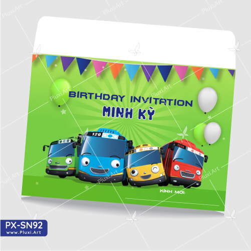 Thiệp thôi nôi – sinh nhật Bé trai Xe buýt Tayo | In Tên |Thiệp Pluxi