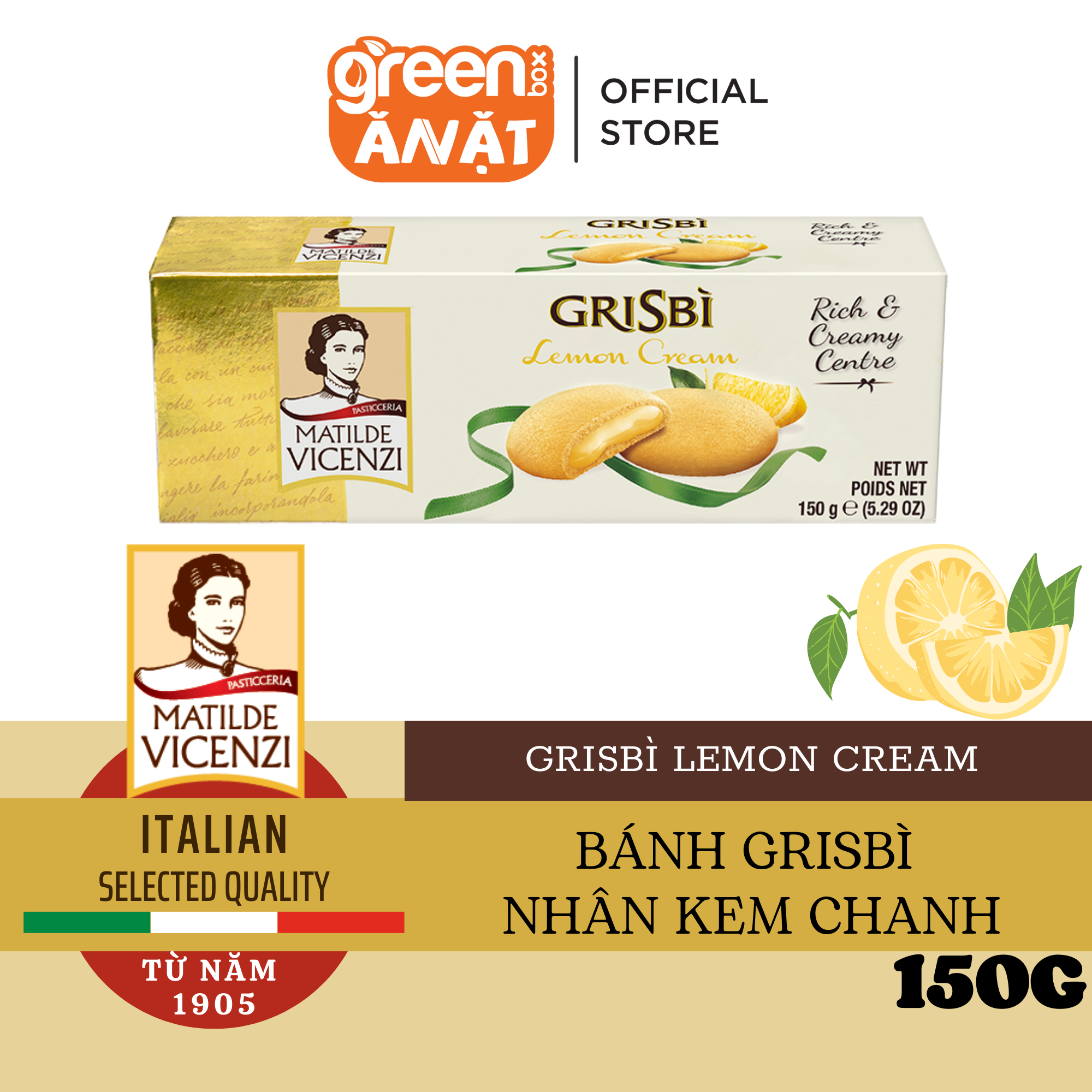 Bánh quy mềm nhân kem chanh Grisbi Vicenzi nhập khẩu Ý 150g
