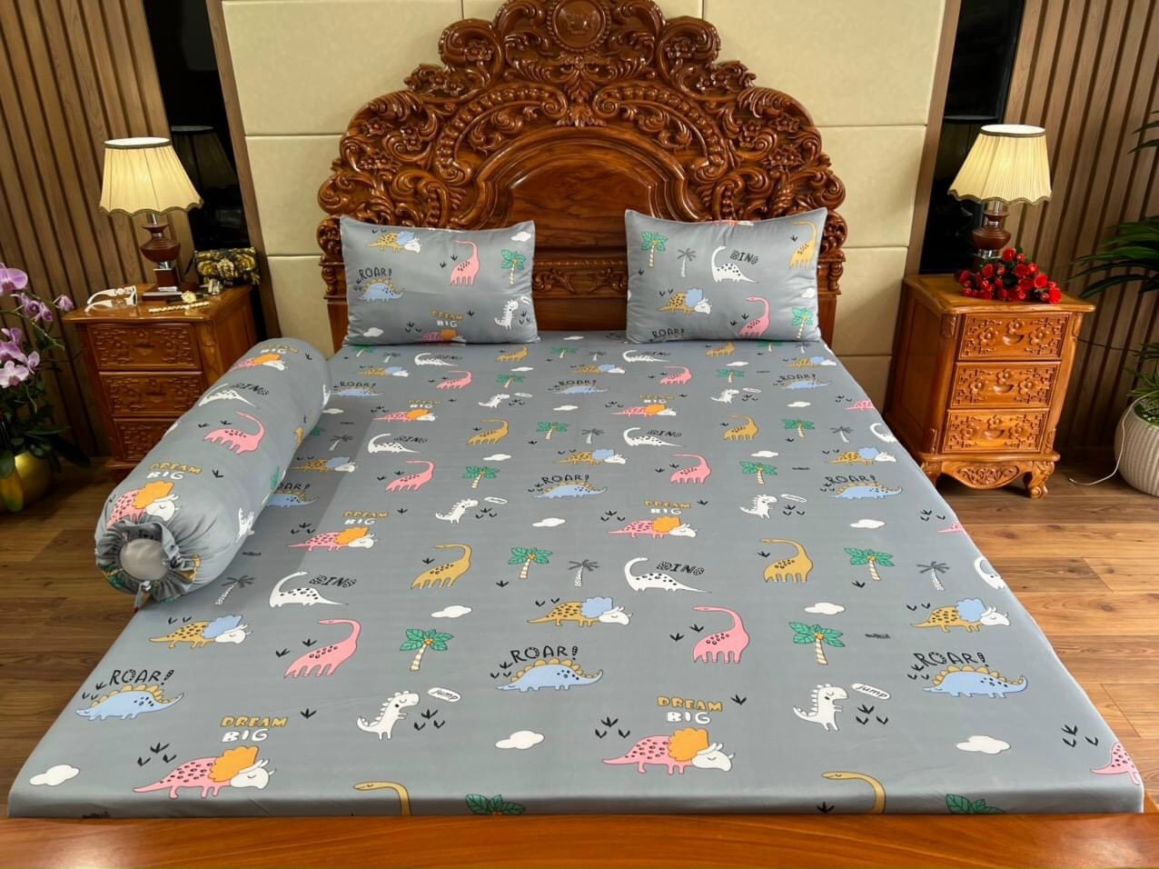 Bộ drap ga thun Hàn quốc mẫu khủng long