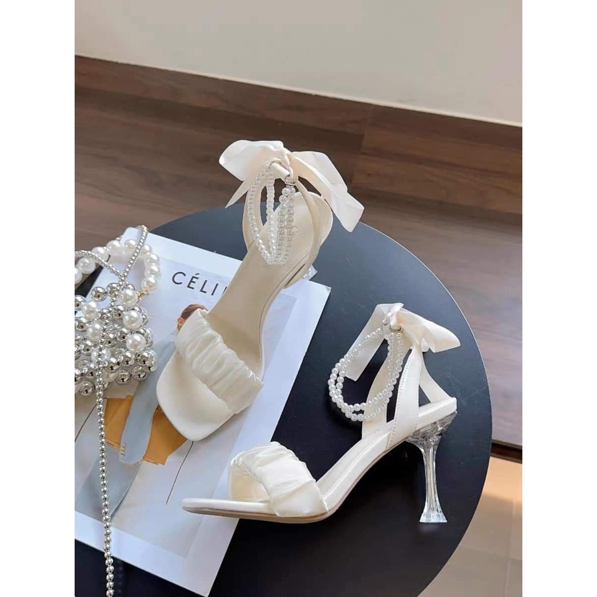 [Hoàn Tiền 15%]Giày cao gót 9 phân đế nhọn thắt nơ lụa kèm vóng ngọc cực xinh , cao gót dây ngọc 9p