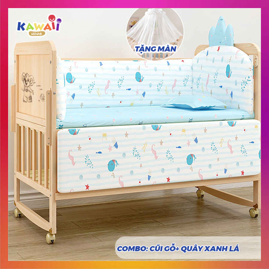 Nôi cũi cho bé đa năng Kawaii Home (Tặng kèm màn chống muỗi), cũi giường em bé gỗ thông có thể ghép với giường bố mẹ, Kích thước 105 x 60 x 90 Cm (Dài x Rộng xCao)