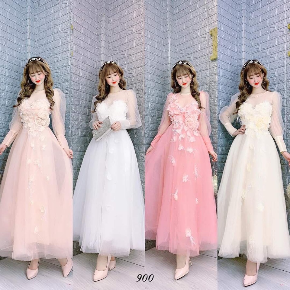 Đầm xoè tay dài phồng kết hoa nổi 3D TRIPBLE T DRESS  - size M/L - MS202V