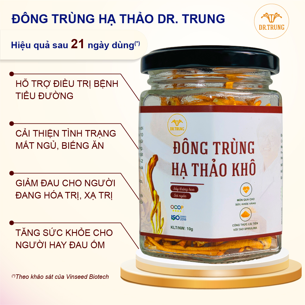 Đông trùng hạ thảo Dr. Trung Sấy thăng hoa loại sợi ngắn cải thiện biếng ăn mất ngủ. Tăng sức khỏe cho người đau ốm.