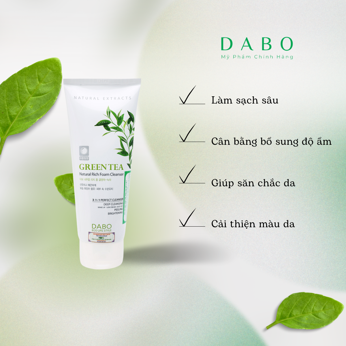 Sữa rửa mặt cao cấp dabo 3-in-1 tinh chất trà xanh 180ml