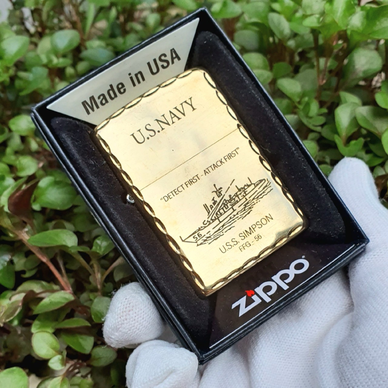 Bật lửa zippo vàng đồng viền vàng thuyền chiến đời la mã e-xiii mộc đáy ngược hột quẹt xăng đá zippo