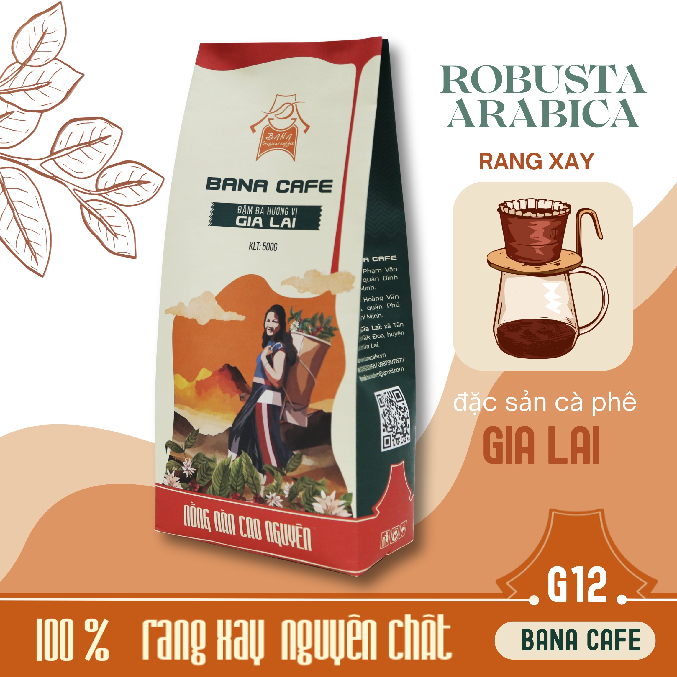 Cà phê rang xay nguyên chất Bana| Cà phê rang xay nguyên chất Bana cafe G12 Arabica+Robusta Natural (pha phin)