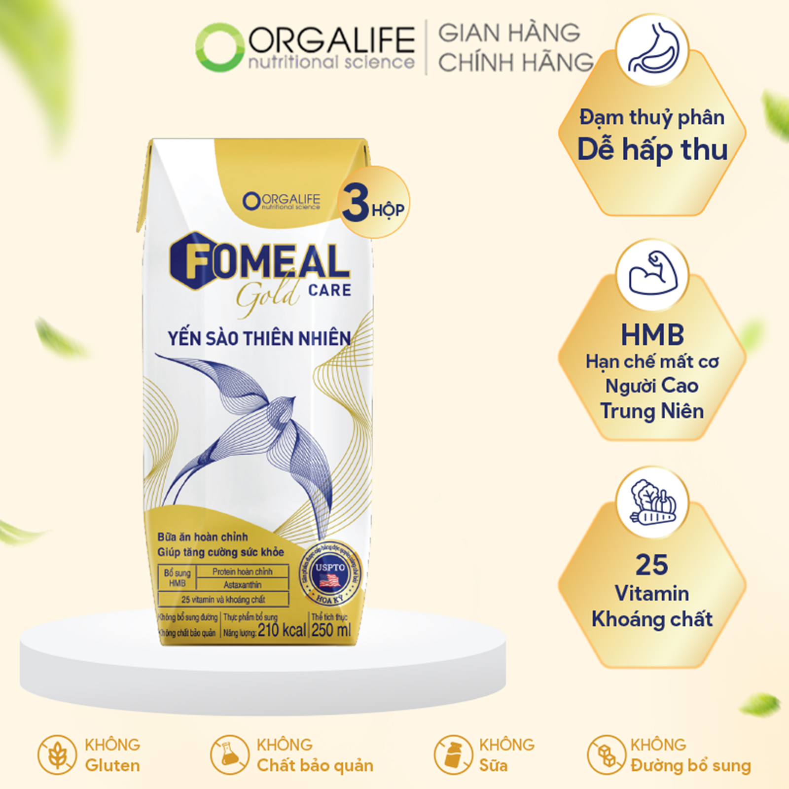 FOMEAL CARE GOLD YẾN SÀO THIÊN NHIÊN - Soup uống tăng cường miễn dịch - Lốc 3 Hộp x 250ML