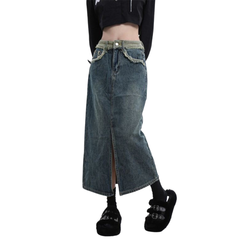 Chân váy jean dáng dài MODSLY Cạp tua rua sẻ tà trước JA005 cực xinh