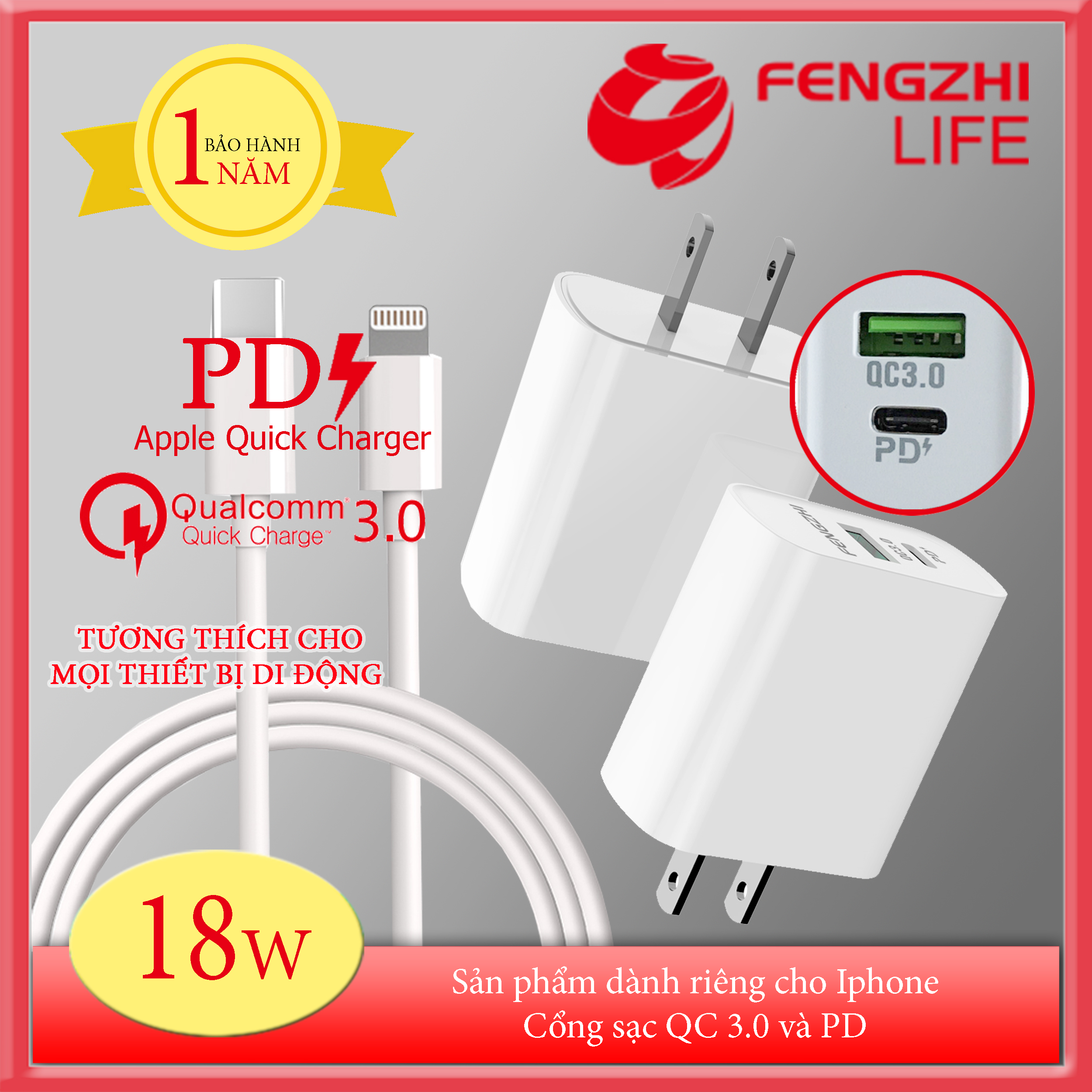 Bộ cóc sạc nhanh fengzhi life fc272 chuyên sạc nhanh cho iphone với 2 cổng pd và qc 3.0 dòng điện 18w