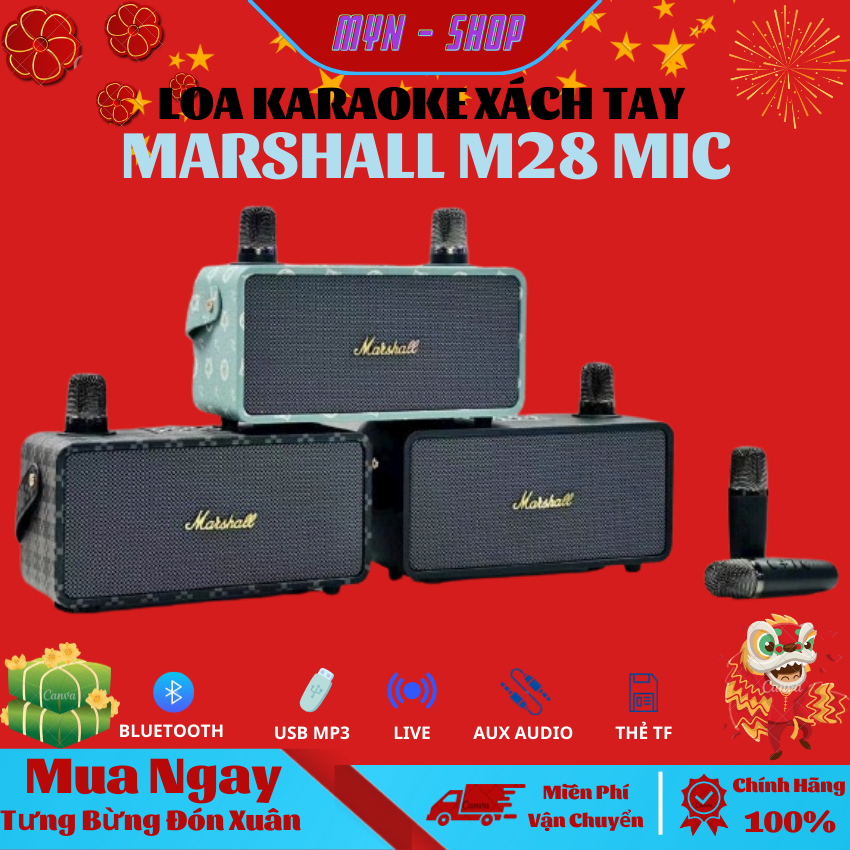 [ FREE SHIP 2023 ] Loa Blueooth Marshall M28 mic Cao Cấp, Tặng Kèm 2 Micro Không Dây, Loa Bluetooth Karaoke Thiết Kế Sang Trọng, Bass Siêu Trầm, Âm Thanh Cực Đỉnh, Kết Nối Bluetooth 5.0, Hỗ Trợ USB, Thẻ Nhớ, Bảo Hành 12 Tháng