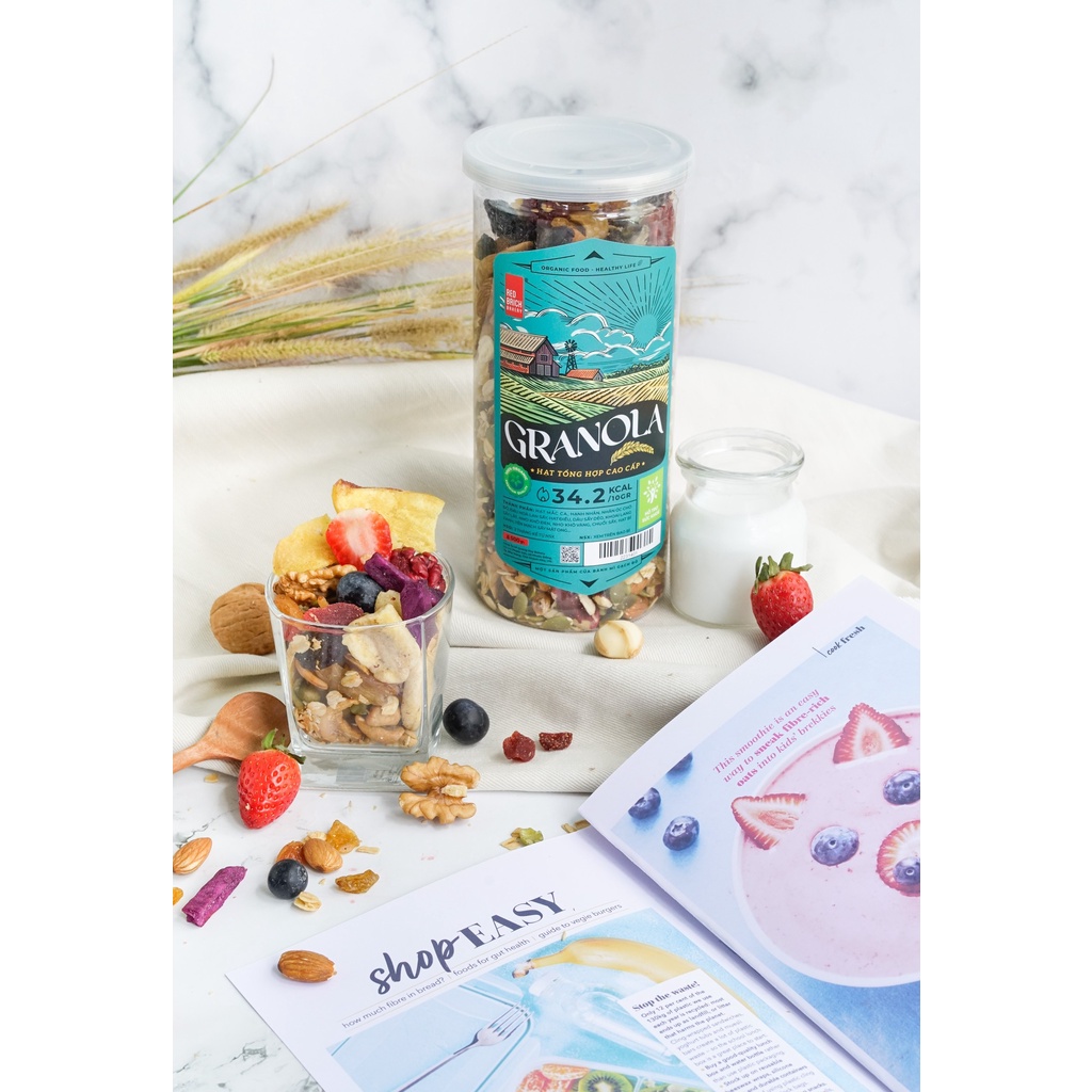 Granola cao cấp 500g mix 12 loại hạt óc chó macca ít yến mạch thương hiệu gạch đỏ chuẩn healthy