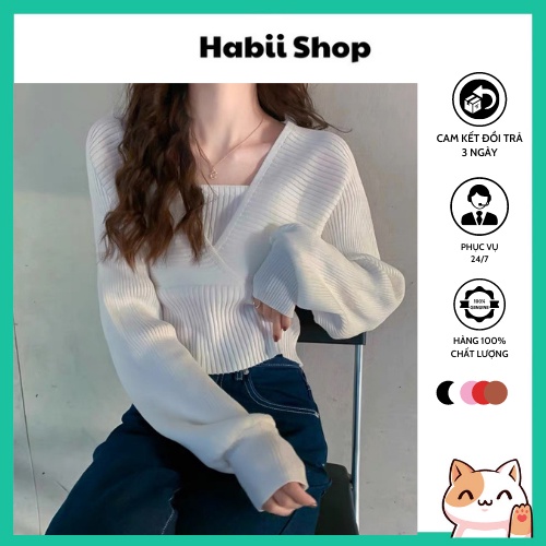 Áo len trễ vai cổ v tay bồng kiểu hàn quốc - áo len kiểu nữ ulzzang habii al03
