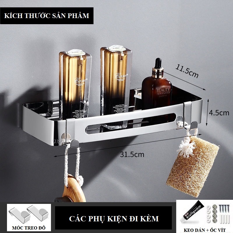 Kệ nhà tắm Inox 304 chữ nhật sáng bóng dán tường gạch men- Có keo dán và đinh ốc tắc kê - Kệ để đồ phòng tắm inox 304
