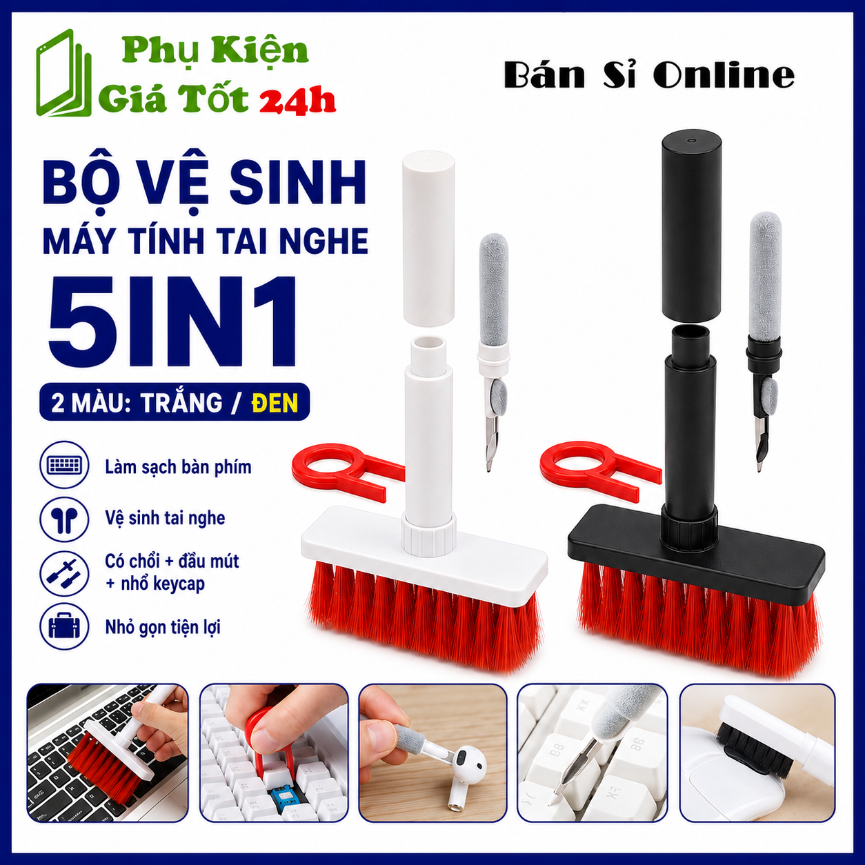 Bộ Vệ Sinh Bàn Phím Và Tai Nghe 5 Trong 1 Đa Năng - Cọ Quét Bụi Bàn Phím Cơ, Bút Vệ Sinh Tai Nghe Chuyên Dụng - Chổi Bàn Phím, Bút Vệ Sinh Tai Nghe Kèm Dụng Cụ Tháo Keycap Tiện Lợi