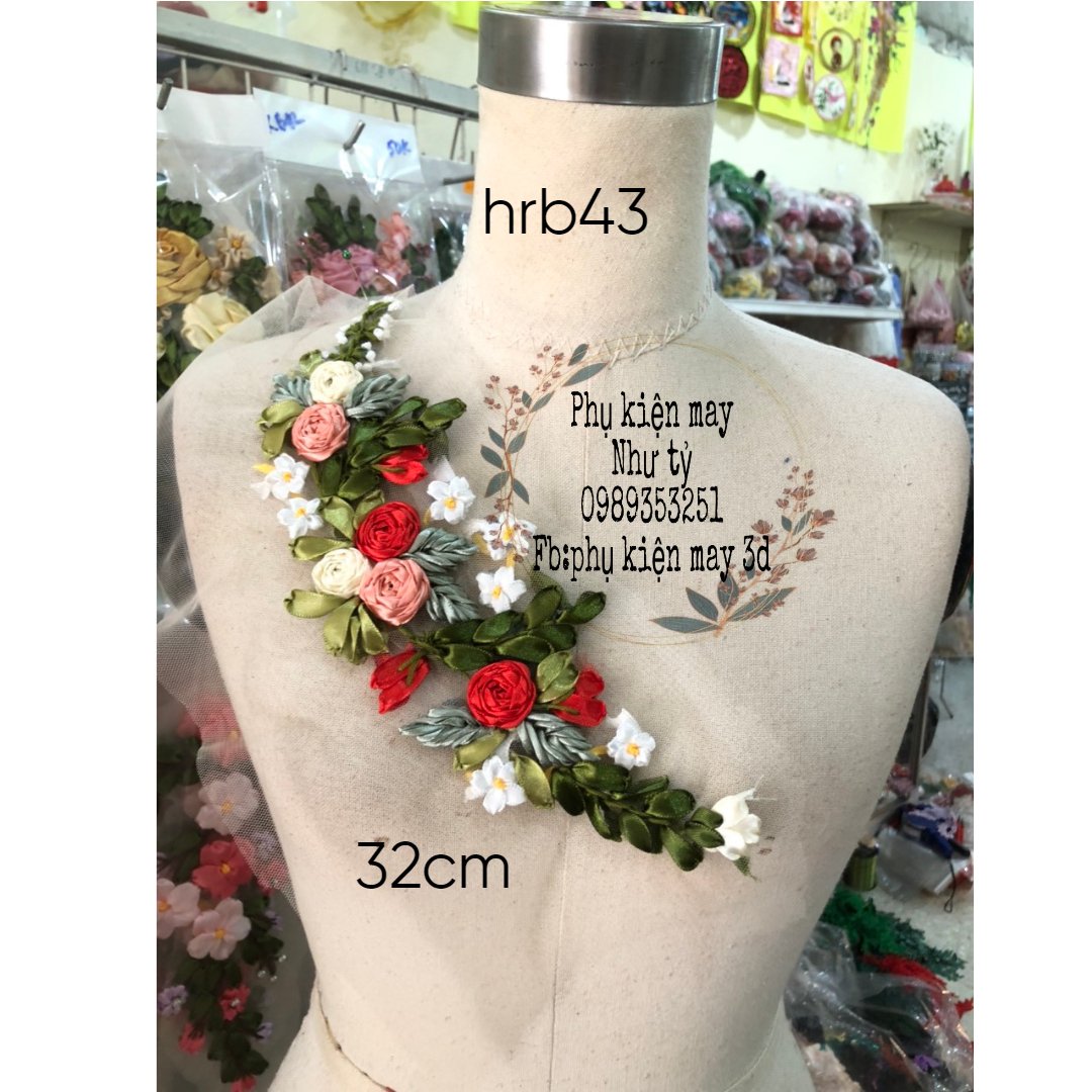 Hoa thêu ruy băng bi hoa hồng xnh xắn 30cm