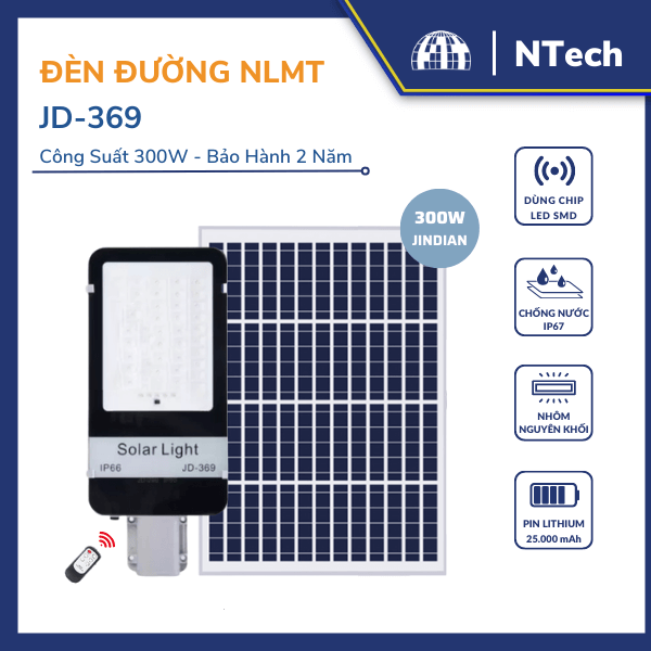 Đèn năng lượng mặt trời - Đèn đường NLMT Jindian JD-369 Công suất 300W Khung Nhôm, Chip Led "SMD" - BH 02 Năm