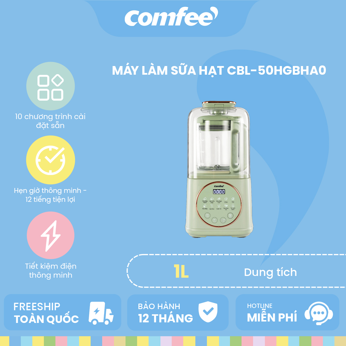 Máy làm sữa hạt 1.0L Comfee CBL-50HGBHA0 - Hàng chính hãng bảo hành 12 tháng(Tặng công thức nấu ăn)